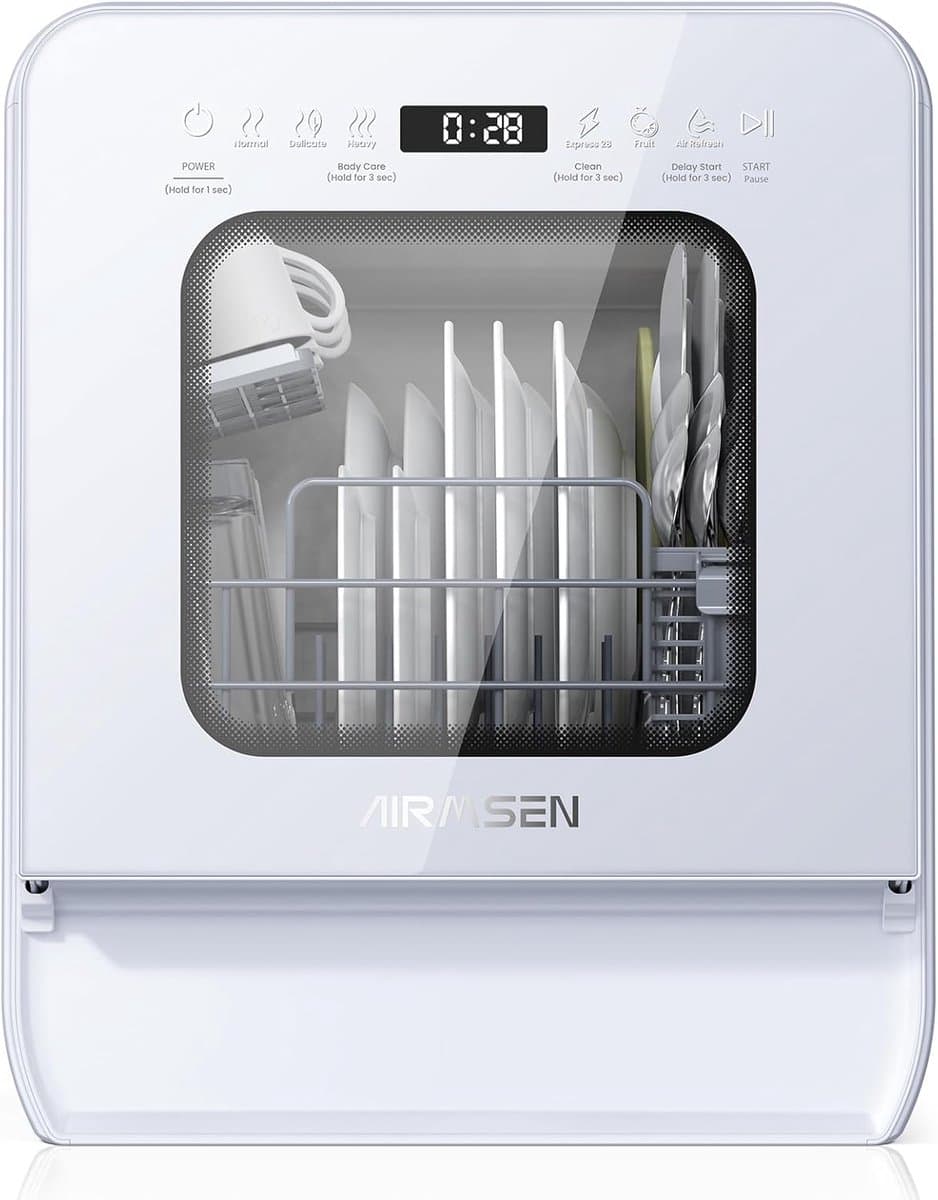 AIRMSEN Mini Vaatwasser - Vrijstaand - Watertank 5L - 9 Programma's - 4 Couverts - Compact (37x50 cm) - 24u Uitgestelde Start - Wit
