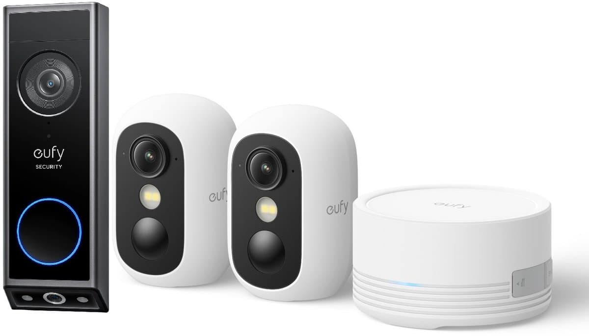 eufy Security E340 Video Deurbel – Dual-Cam technologie, 2K Full HD-resolutie, kleur nachtzicht, AI-pakketdetectie + eufyCam C35 - Incl. 2 Camera, HomeBase Mini – Beveiligingsset – Voordeelbundel