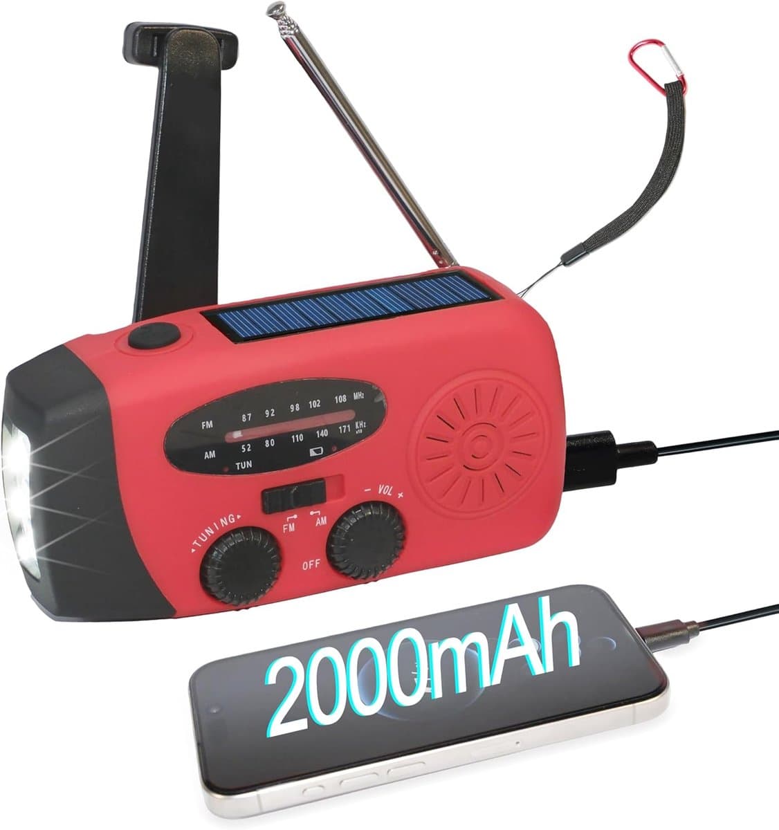 2000mAh Wind-Up Solar Radio – Draagbare Noodradio met Handzwengel, LED Zaklamp & SOS Alarm – Oplaadbare Powerbank – USB Telefoon Oplader – Ideaal voor Camping en Noodsituaties