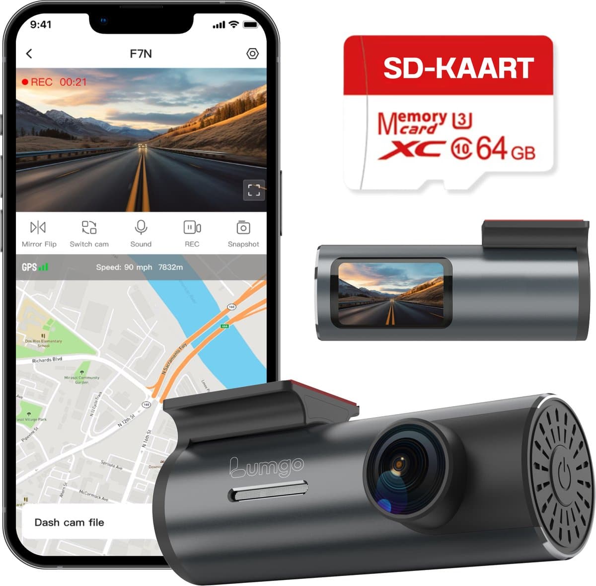 Lumgo Dashcam Voor Auto – Full HD – 150° Groothoeklens – 64GB SD Kaart Inbegrepen – Nachtzicht – App (Wi-Fi) – G-Sensor – Compact Design