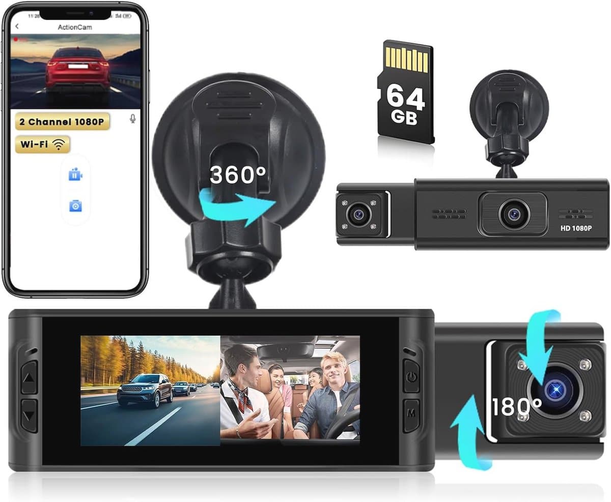 Draadloze WiFi Dashcam met 64 GB SD-kaart - FHD 1080P Auto Camera met Bewegingsdetectie en Loop-opname
