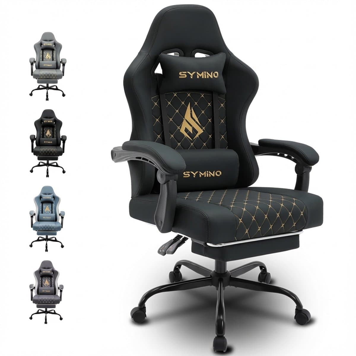 Symino FZ Gaming Stoel - Met Voetsteun en Verstelbare Rugleuning - Ergonomische Bureau - 200 kg - Racing Style Gamestoel - PU Leer - Zwart