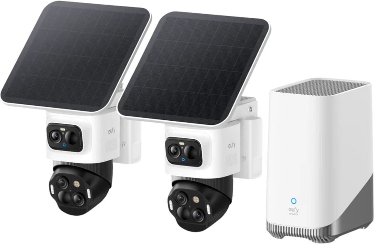 eufy eufyCam S4 2-Cam Kit, 4K PTZ beveiligingscamera buiten, triple lens bullet, 360° pan/tilt, 8× zoom, AI-tracking, HomeBase S380, 16TB opslag