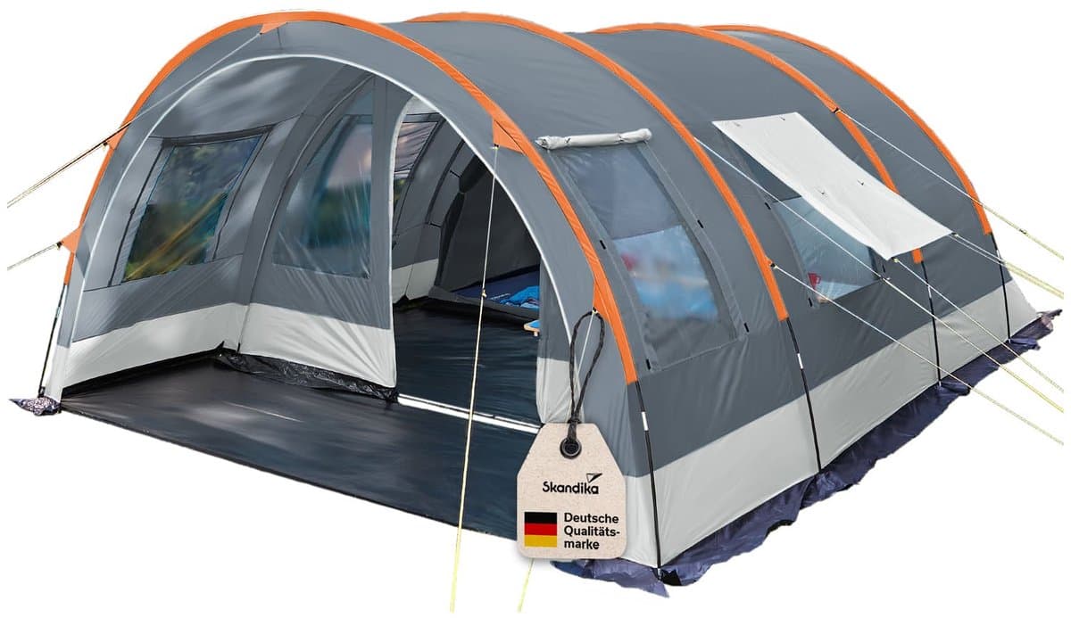 Skandika Helsinki Tent – Tenten – Familietent - Campingtent – Voor 6 personen – Tunneltent – 215 cm stahoogte - Muggengaas – 2 slaapcabines – 525 x 410 x 215 cm (L x B x H) - 5000 mm waterkolom – Outdoor, Camping, Tuin – Kamperen – grijs/oranje