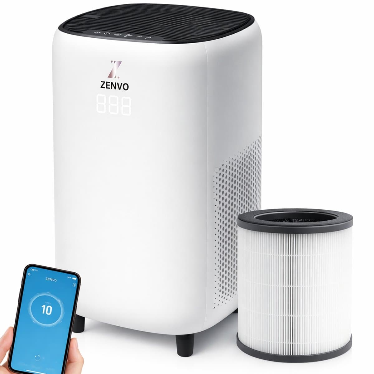 Zenvo Luxe Luchtreiniger met Wifi & App – HEPA 13 Filter – 360 m³/u – Tegen Allergie, Hooikoorts & Huisstofmijt – Air Purifier – Wit