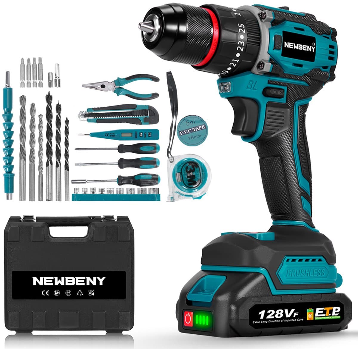 NewBeny Accuboormachine - 80Nm Accu Schroefboormachine - 21V Boormachine - met 2 Accu's en Handgereedschap - Borstelloze Accuboortol - 25+3 koppelniveaus - 2 snelheden - voor Thuis & Klussen