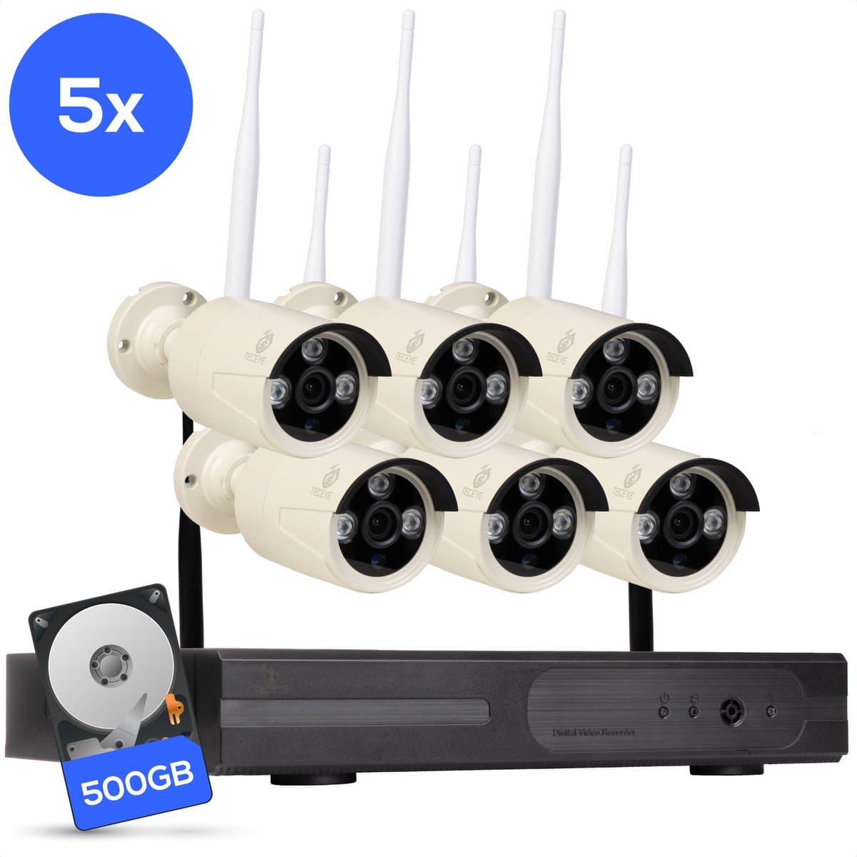 Teceye Compleet Camera Beveiliging Set met 5x Wifi IP Camera - CCTV Camerasysteem - Beveiligingscamera binnen - Wifi Beveiligingscamera Set Buiten - Beveiligingscamera - Beveiligingscamera buiten - Beveiligingscamera Draadloos buiten