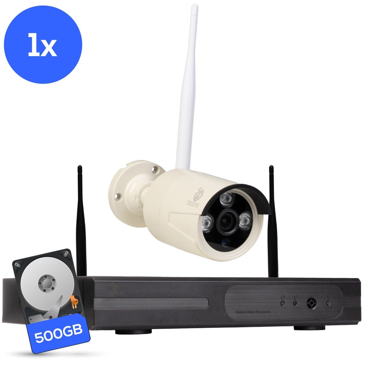 Teceye Compleet Camera Beveiliging Set met 1x Wifi IP Camera - CCTV Camerasysteem - Beveiligingscamera binnen - Wifi Beveiligingscamera Set Buiten - Beveiligingscamera - Beveiligingscamera buiten - Beveiligingscamera Draadloos buiten
