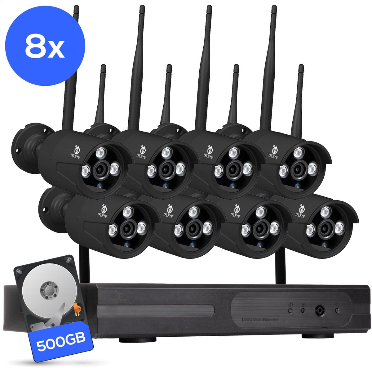 Teceye Compleet Camera Beveiliging Set met 8x Wifi IP Camera - CCTV Camerasysteem - Beveiligingscamera binnen - Wifi Beveiligingscamera Set Buiten - Beveiligingscamera - Beveiligingscamera buiten - Beveiligingscamera Draadloos buiten