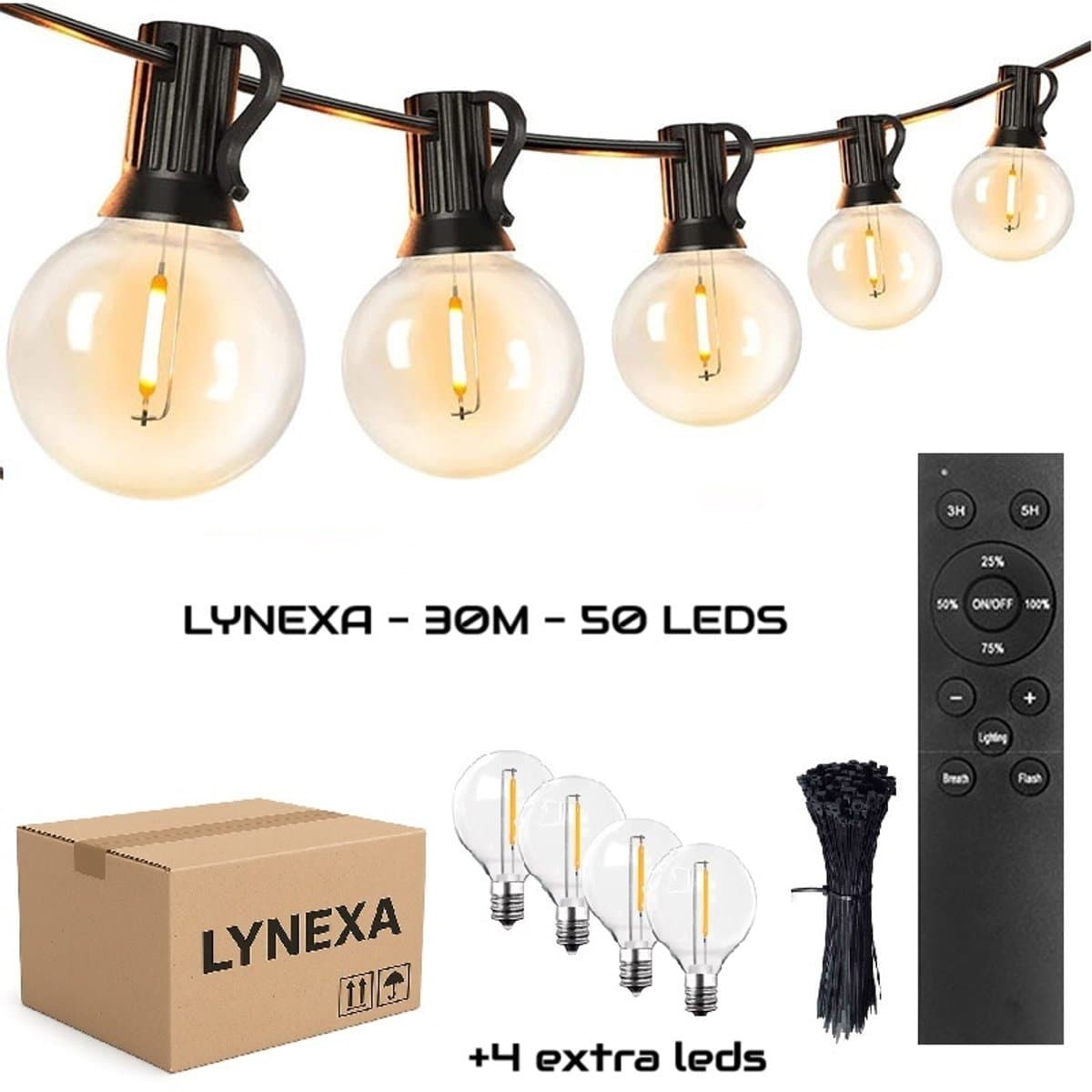 Lynexa G40 - Lichtsnoer Buiten - 30m - 50 LED Warm Wit 2700K - Kerstverlichting voor Buiten - IP44 Waterdicht - Energiezuinig - Koppelbaar - Dimbaar met Afstandsbediening - Sfeervolle Winter Prikkabel - Tuinverlichting - 4 Extra Lampjes