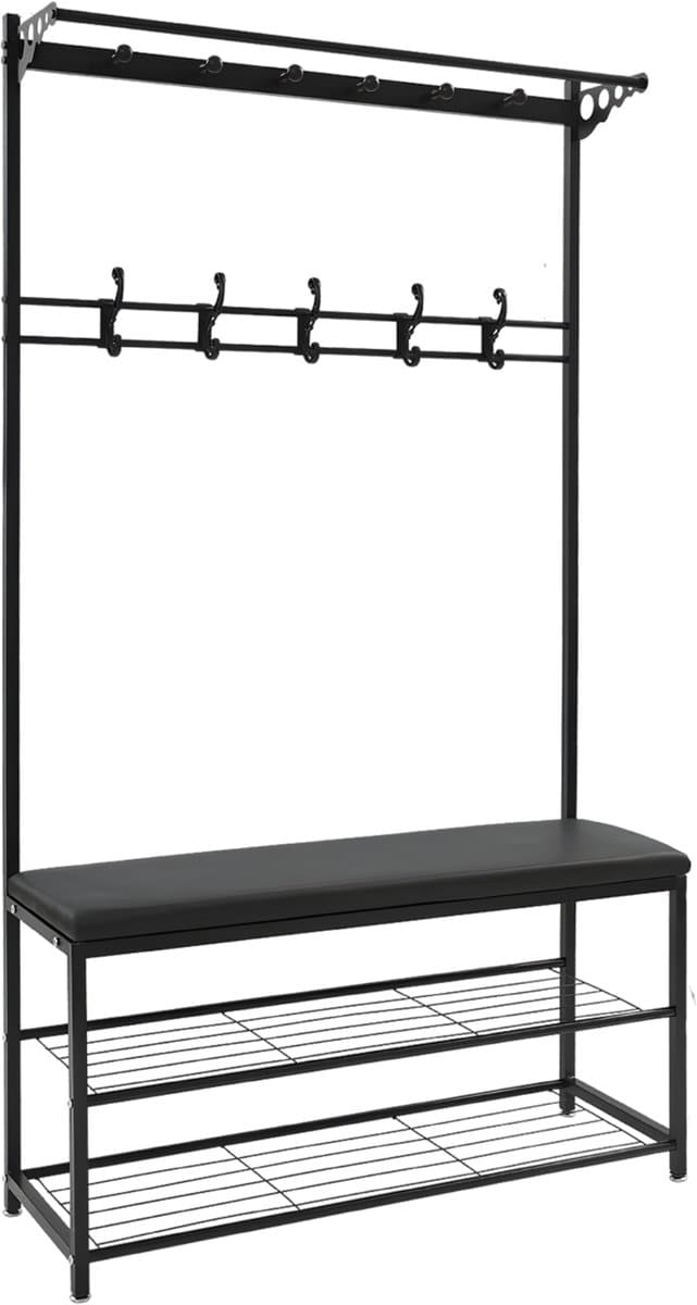 Kapstok met bank - Kledingrek - Schoenenrek - Voor kledingopslag en schoenen - Multifunctioneel - Met haken en bankje - Zwart