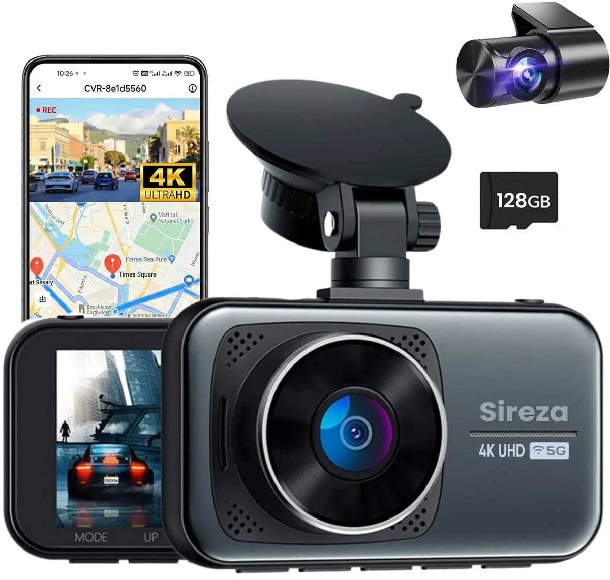 Sireza® D2 - Dashcam - Dashcam Voor Auto - Dual Dashcam - Ultra 4K & UHD - 3 inch met App - GPS live locatie + snelheid - 128GB SD Kaart - Loop Opname - G Sensor - mini koevoet - haakske usb-c oplaadkabel - NL/FR/ENG Handleiding + NL Systeem