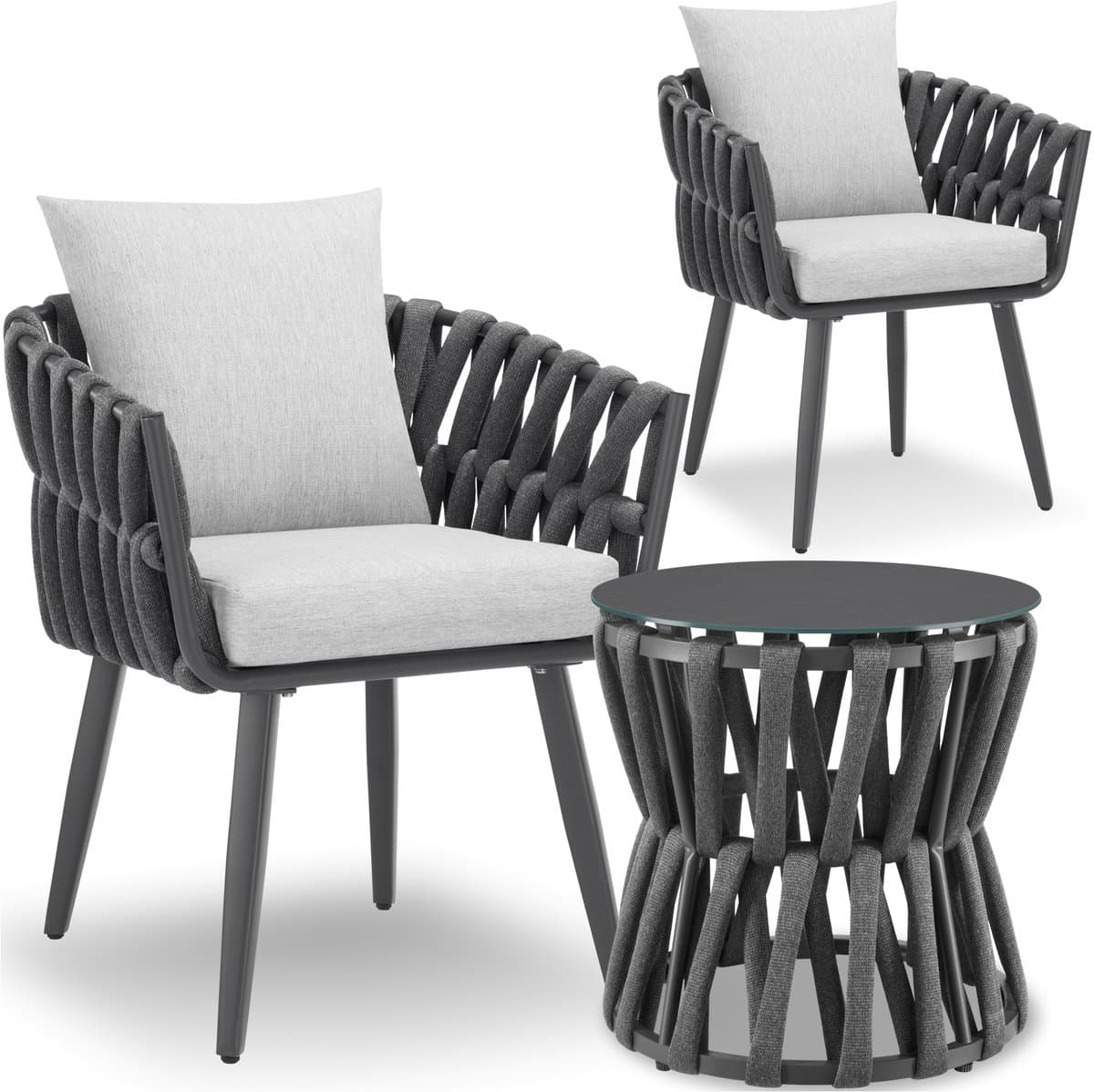 tectake® Tuinset Lugano - Tuinstoelen - 2 Loungestoelen met Bijzettafel - Buitenstoelen in Rope-Design met Aluminium Frame - Buiten Fauteuils met Dikke Kussens - Loungeset voor Tuin of Balkon - Terrasstoelen - UV- en Weerbestendig