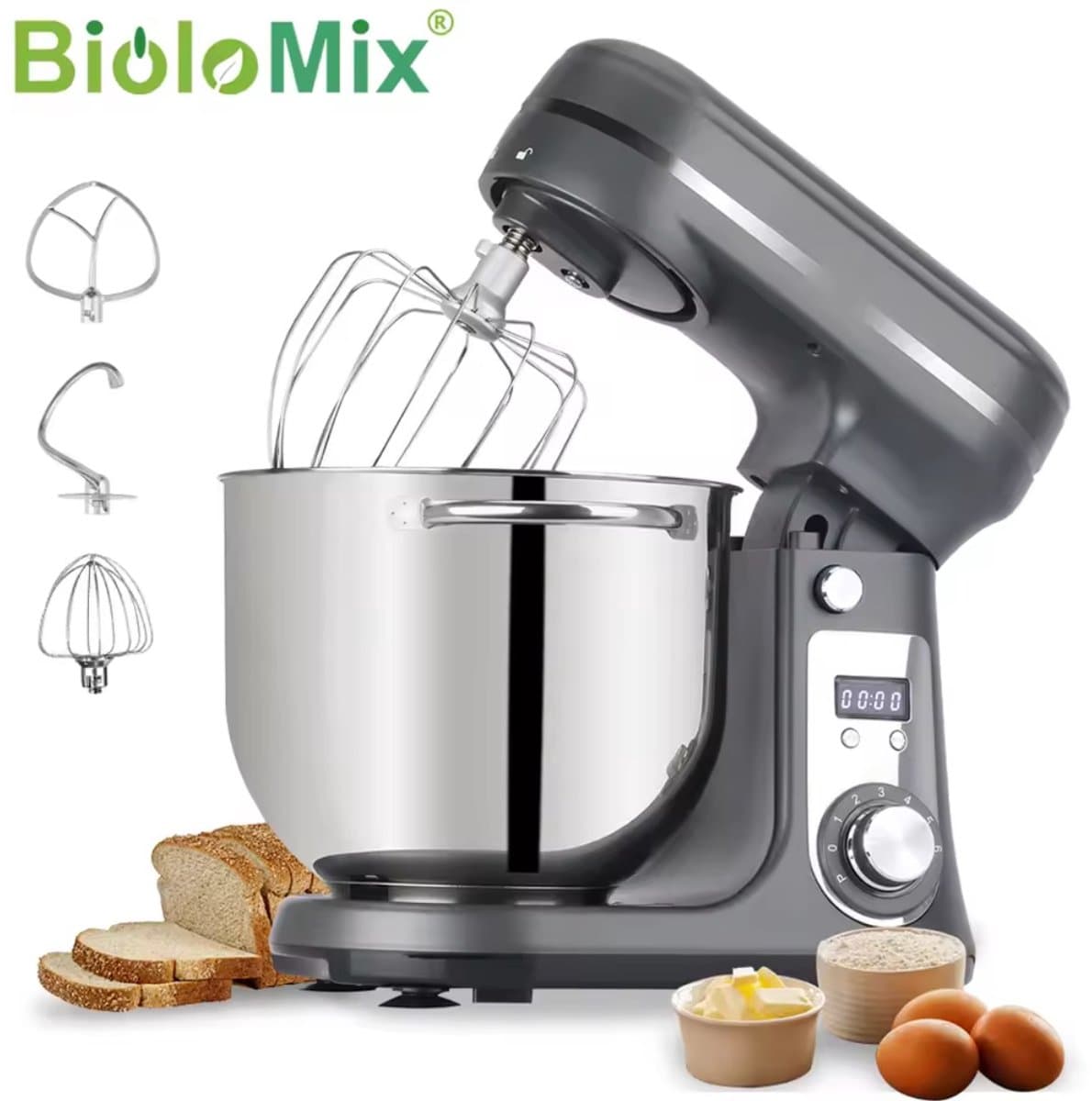 Biolomix Keukenmachine - Keukenmixer - Foodprocessor - Mixer - Blender - Stille motor - Keukenmachines - Mixer met mengkom - Mixers - 6L kom - 1200W - Grijs