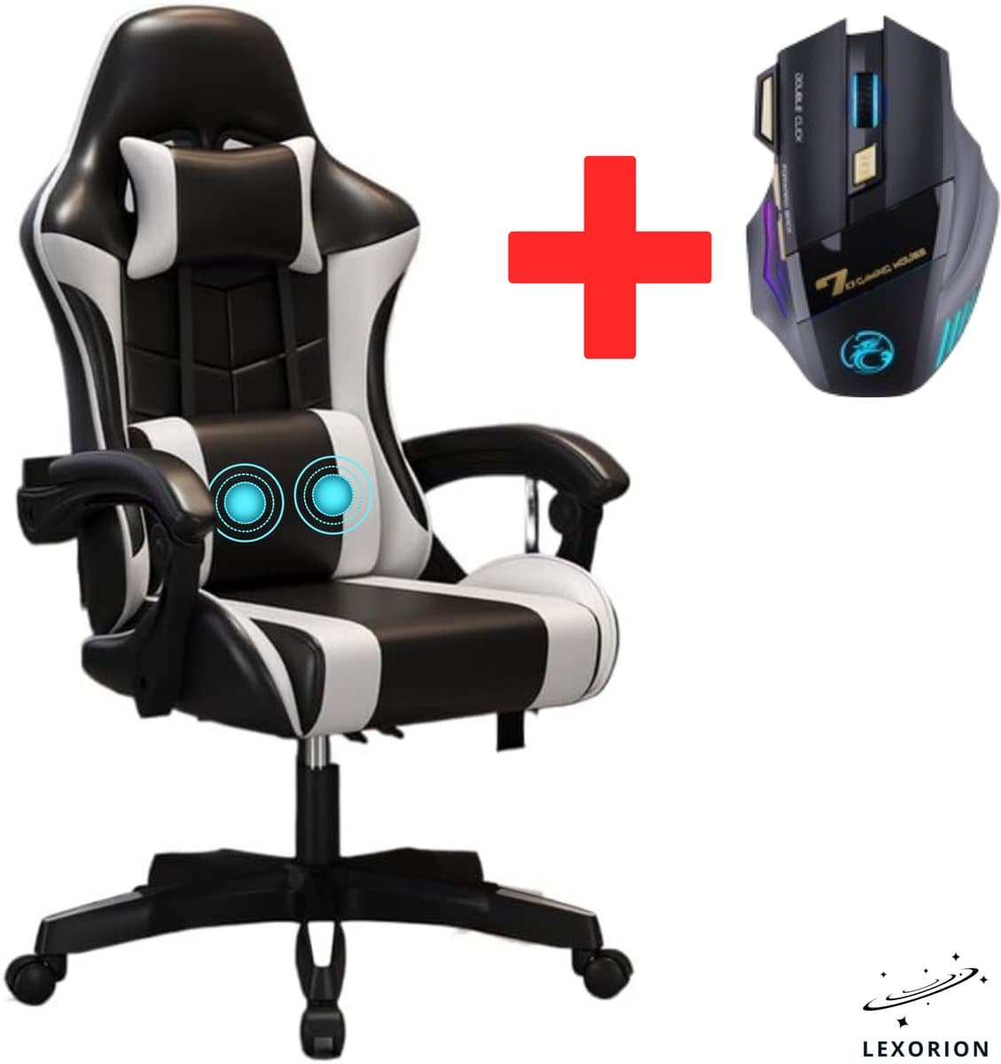Lexorion Gaming Stoel – Ergonomische Gaming Chair – Inclusief Gratis RGB Gamingmuis Cadeau – Verstelbaar – Lederen Gamestoel – 136 kg – Wit– Bureaustoel