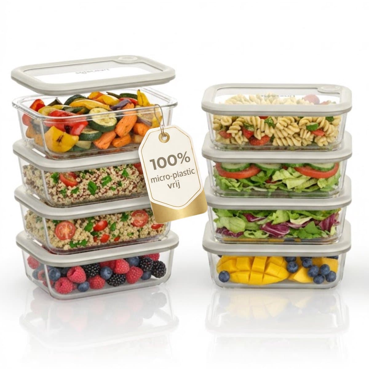 Safecourt vershoudbakjes - volledig van glas (100% micro-plastic vrij) - oven, vriezer, magnetron en vaatwasser - 8x 1040ml set