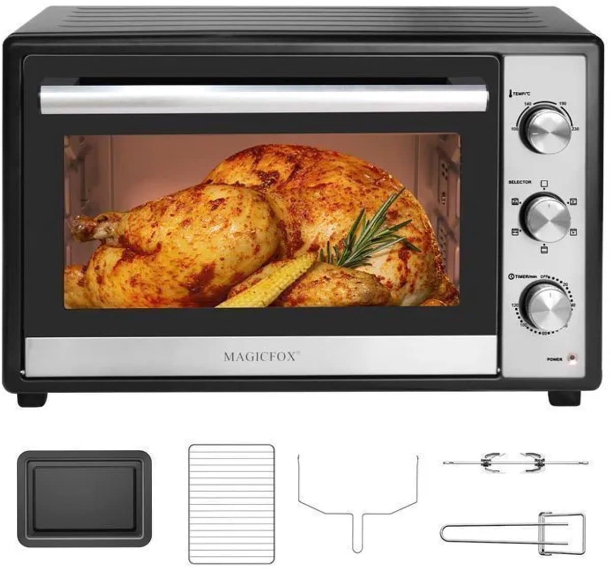 MAGICFOX Elektrische Oven -66L-6 Hetelucht kookstanden-Vrijstaande ovens-Instelbare Temperatuur-Automatische Uitschakeling- Zwart
