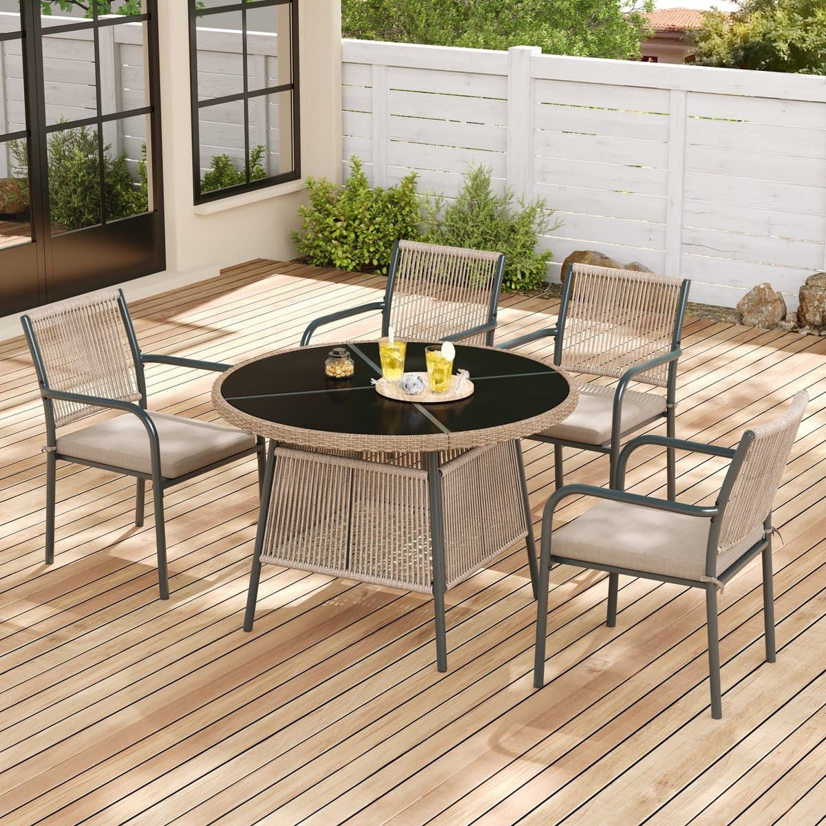 Tuinset 4 Personen - Rotan Loungeset Met Ronde Glazen Tafel En Kussens - Grijs
