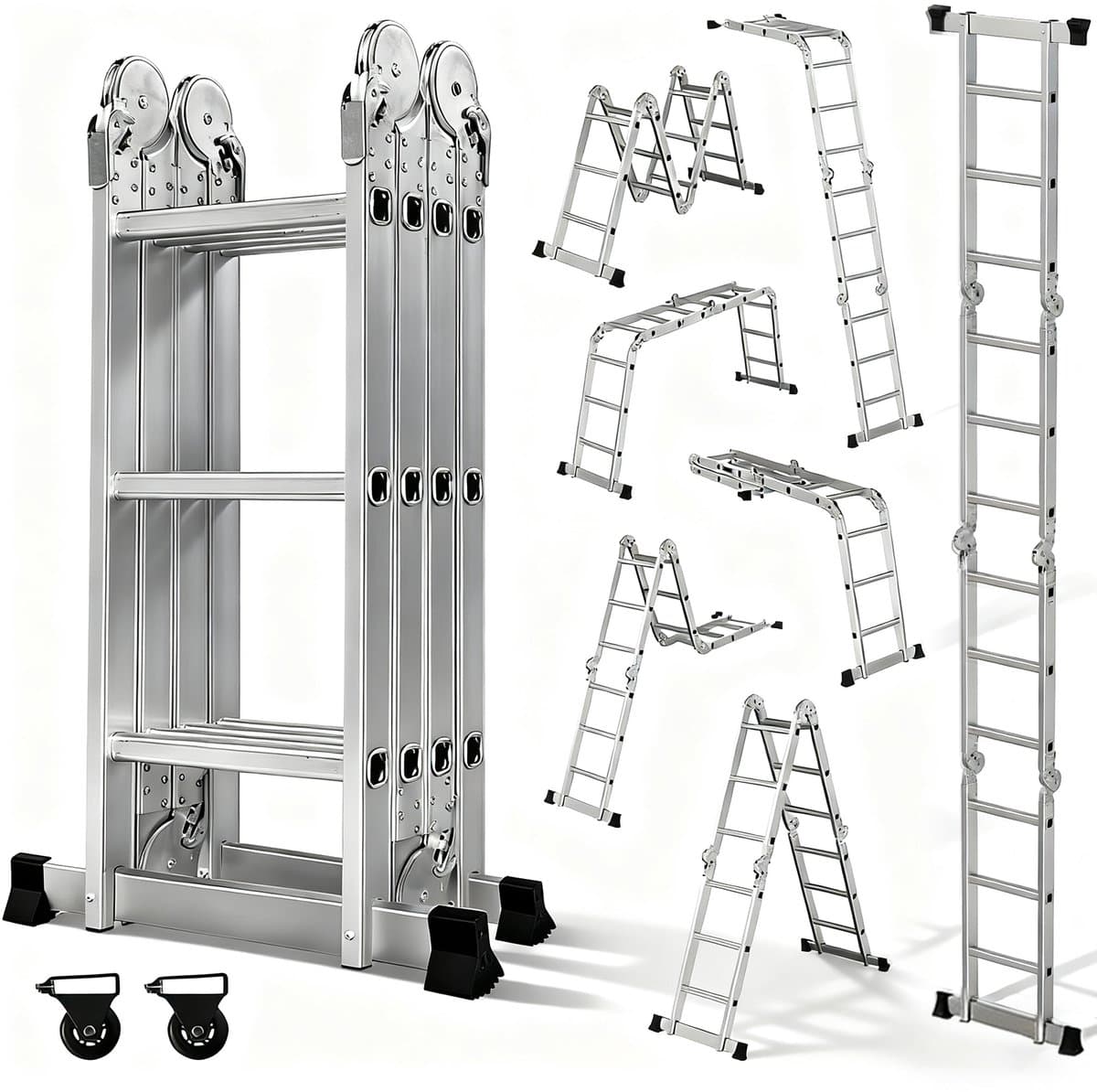 OUTIGO Multifunctionele ladder - 3,5 meter - 7 in 1 - opvouwbaar - aluminium - met 2 wielen - geschikt voor huishoudelijk gebruik - maximale belasting 150 kg - 12 treden