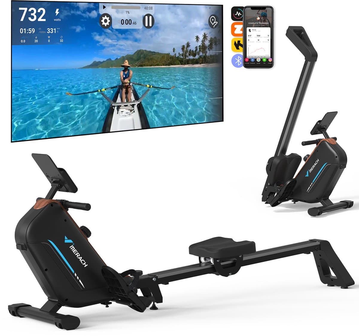 MERACH Roeimachine voor thuis - Inklapbaar Roeitrainer met 16 weerstandsniveaus - Bluetooth-verbinding - Compatibel met Kinomap - Tablet- en flessenhouder - LCD-display - Stille werking - Snelle montage - Ruimtebesparend - Belastbaar tot 158 kg