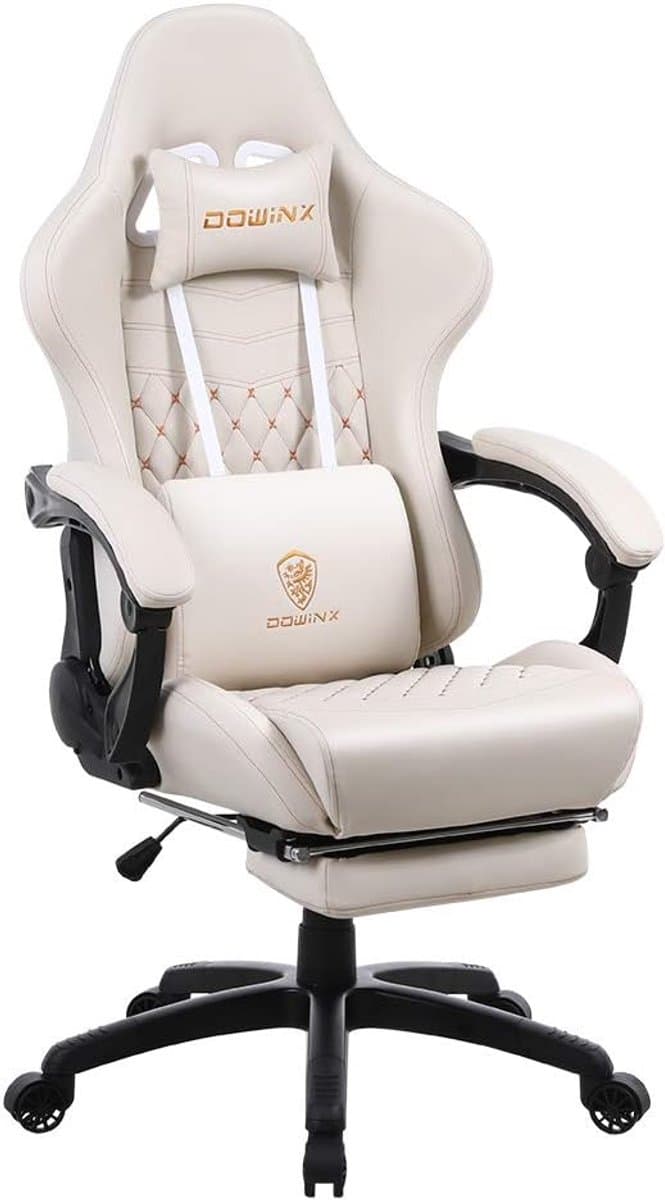 Dowinx Luxe Gamingstoel - Ergonomische Bureaustoel van PU Leer met Boutis-Stiksel, Massage-Lendensteun, Voetsteun, Verstelbare Rugleuning 90°-170°, Tot 200 kg - Wit