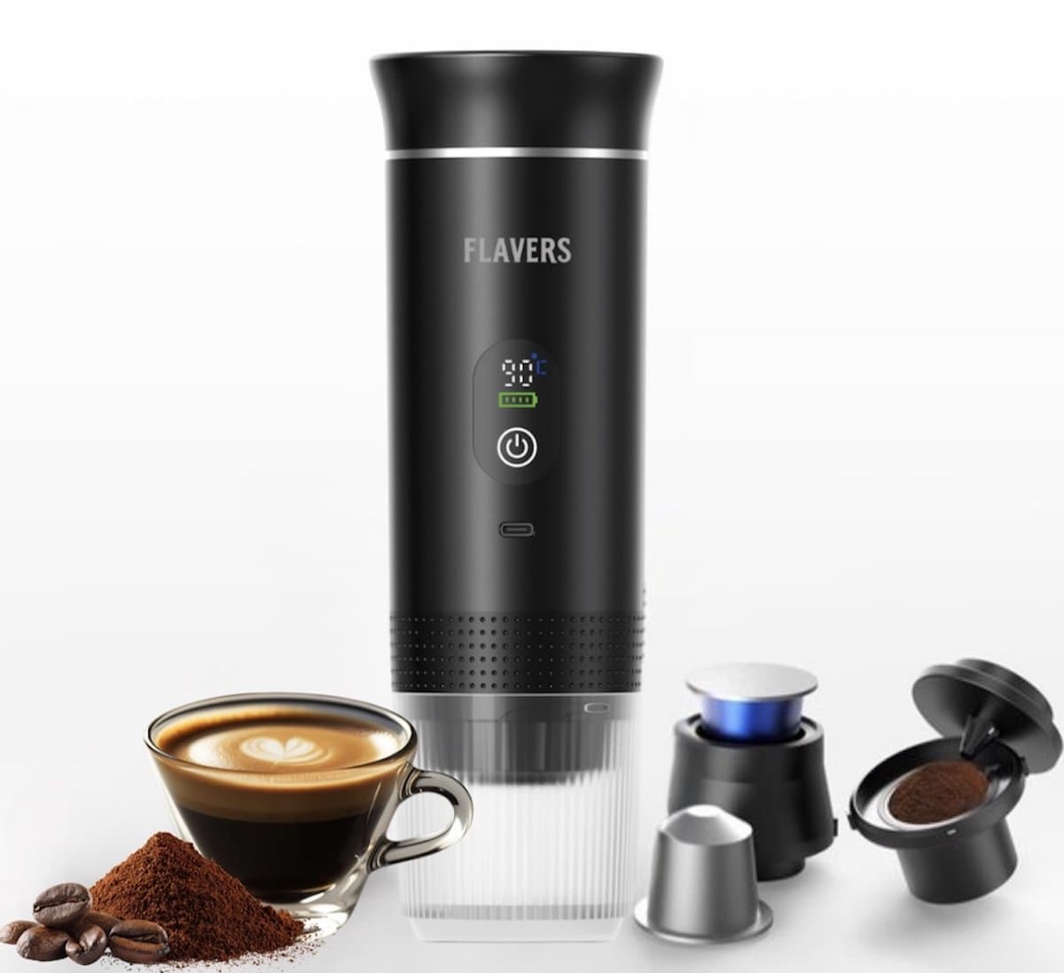 Flavers ® | Draagbare Koffiemachine | 2026 model | Draagbare Elektrische Espressomachine | Zwart | Koffiezet apparaat voor Onderweg | Capsules & Gemalen Koffie | Portable Espresso Machine | Cadeauset | koffiemaatje | Reis & Camping Koffiezetapparaat