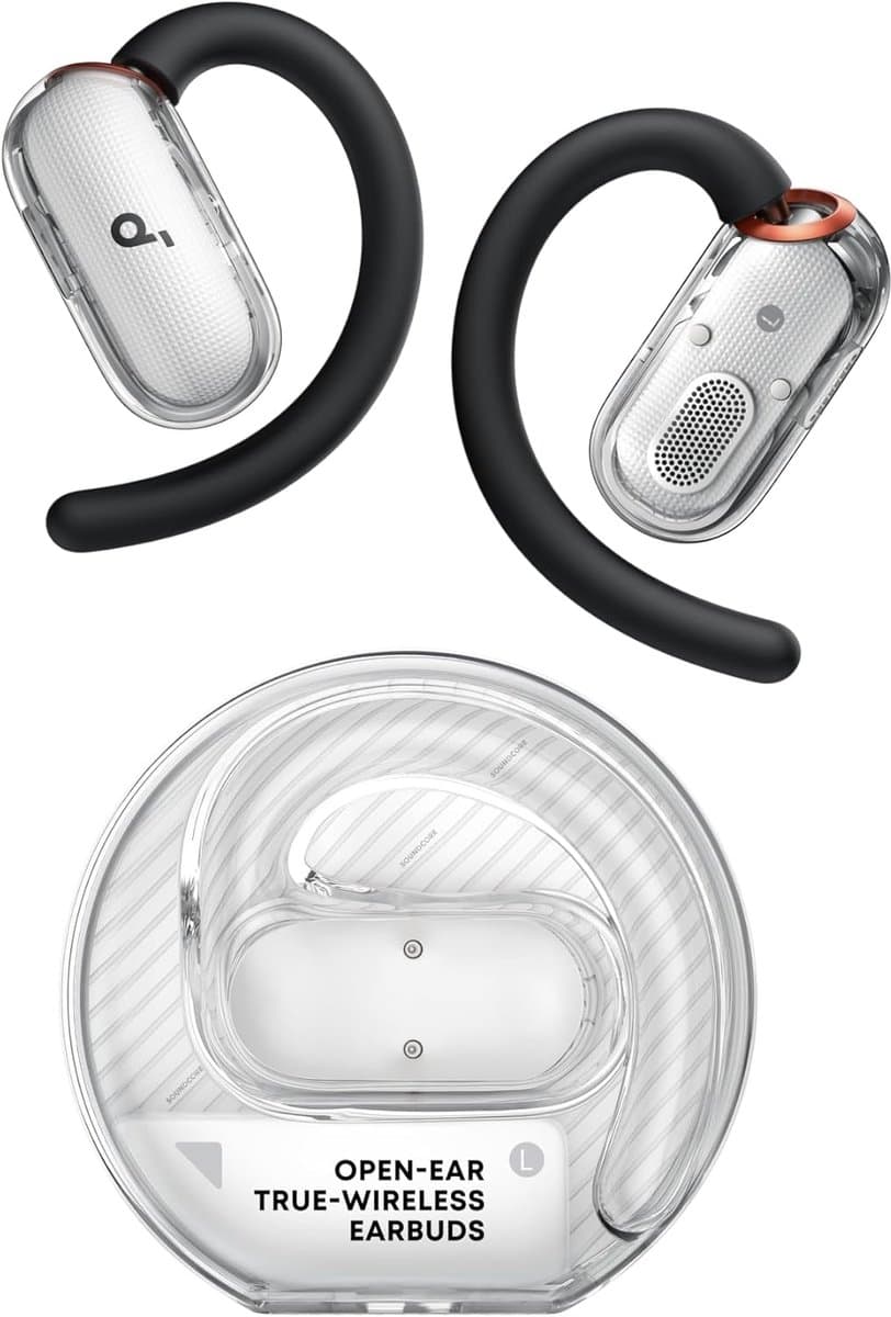 Soundcore V40i by Anker, open-ear hoofdtelefoon, kristalhelder ontwerp, 4 verstelbare standen voor een goede pasvorm in elk oor, 2x diepere bas, IP55, 21 uur afspeeltijd, duidelijke AI-gesprekken, Bluetooth 5.4, app-bediening