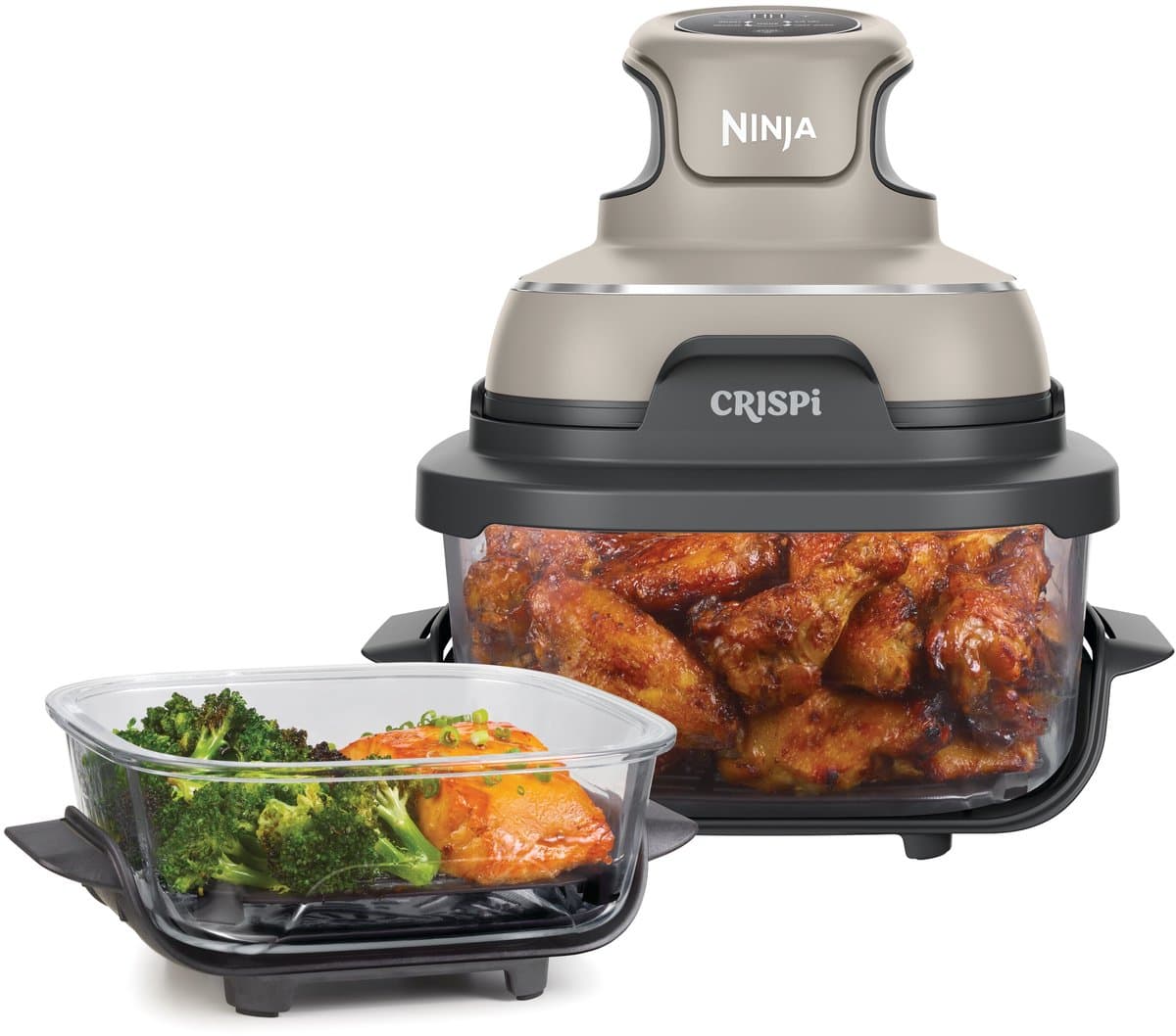 Ninja CRISPi 4-in-1 compact glazen kooksysteem - Airfryer, Roast, Recrisp, Keep Warm - Inclusief twee glazen schalen van 3.8L en 1.4L en bijpassende deksels - 2 Crisper-Plates - Grijs - FN101EUST