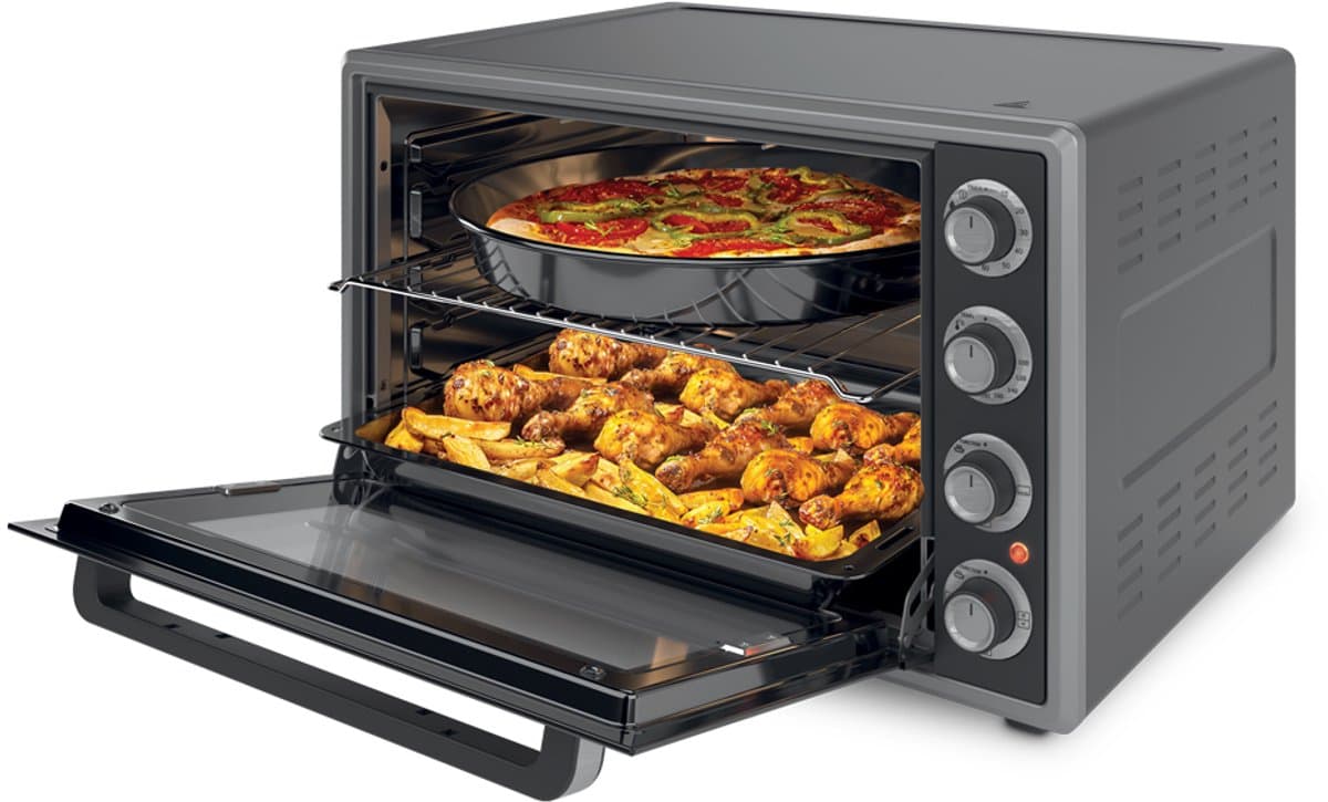 Nocta hetelucht oven 70 liter elektrisch vrijstaand grijs 2000 watt met ontdooi functie timer binnenverlichting accessoires dubbel glas CE gecertificeerd