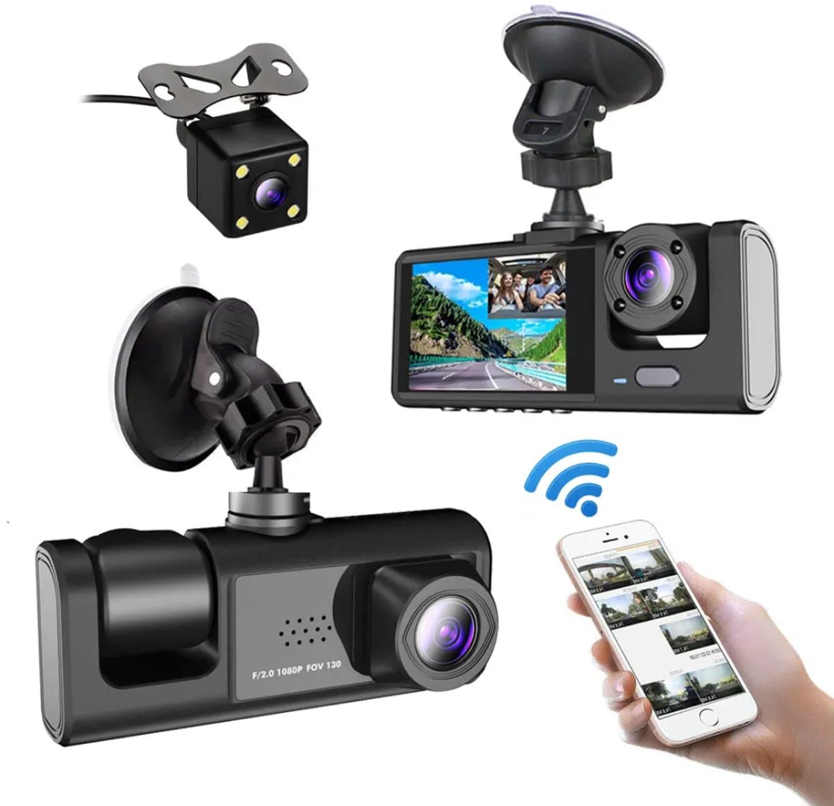 Piri Dual Dashcam Voor Auto 3 in 1 - Voor en Achter Camera Full HD - Nachtvisie - 170° Groothoeklens - Loop Recording - WiFi App - camera - dashcam - Emergency - noodgeval - inclusief 1 jaar Garantie