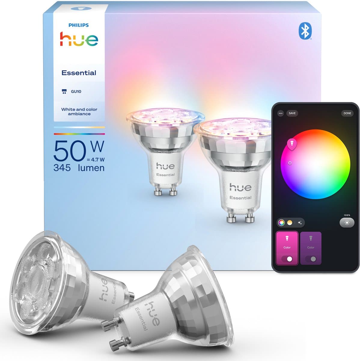 Philips Hue Essential Slimme LED GU10 Spotlight - Wit en gekleurd licht - 2-pack