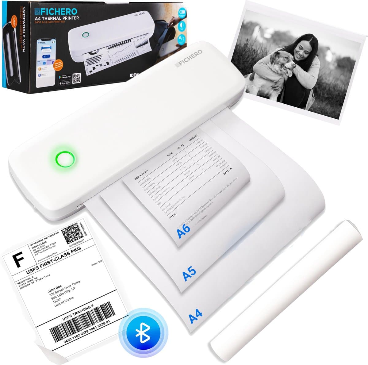 A4 Pocket Printer voor Smartphone - Verzendlabel - 300 DPI - Bluetooth - Draadloos - Mini Printer voor Mobiel - Thermische Printer - Vaderdag Cadeau voor Papa - Cadeaus voor Hem - Wit - Fichero