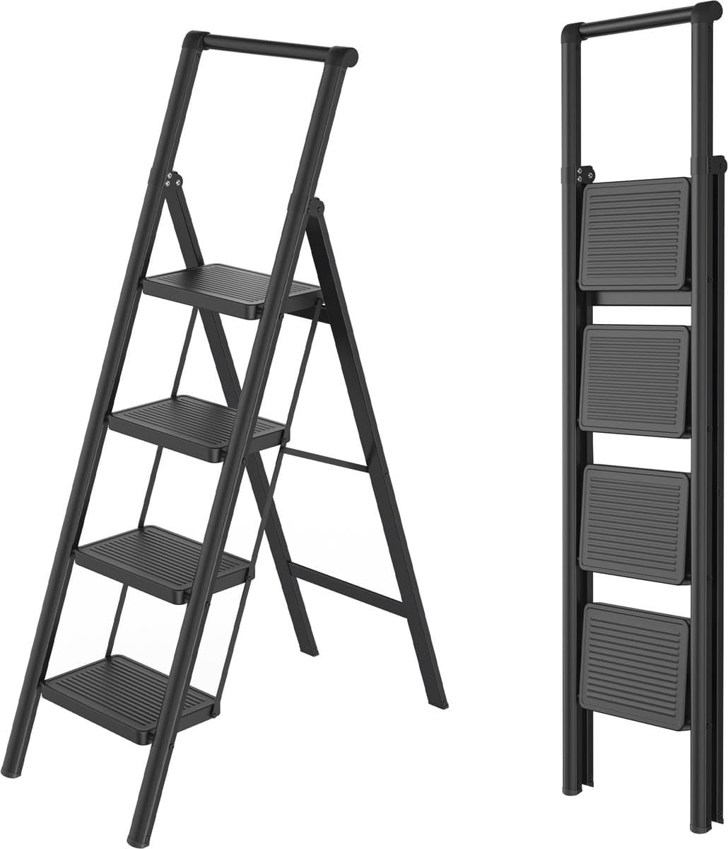 Opvouwbare trapladder, trapkruk, opvouwbare trap met breed antislip pedaal en leuning, multifunctionele huishoudtrap, trapladder tot 150 kg, zwart voor huishouden, keuken - 4 treden