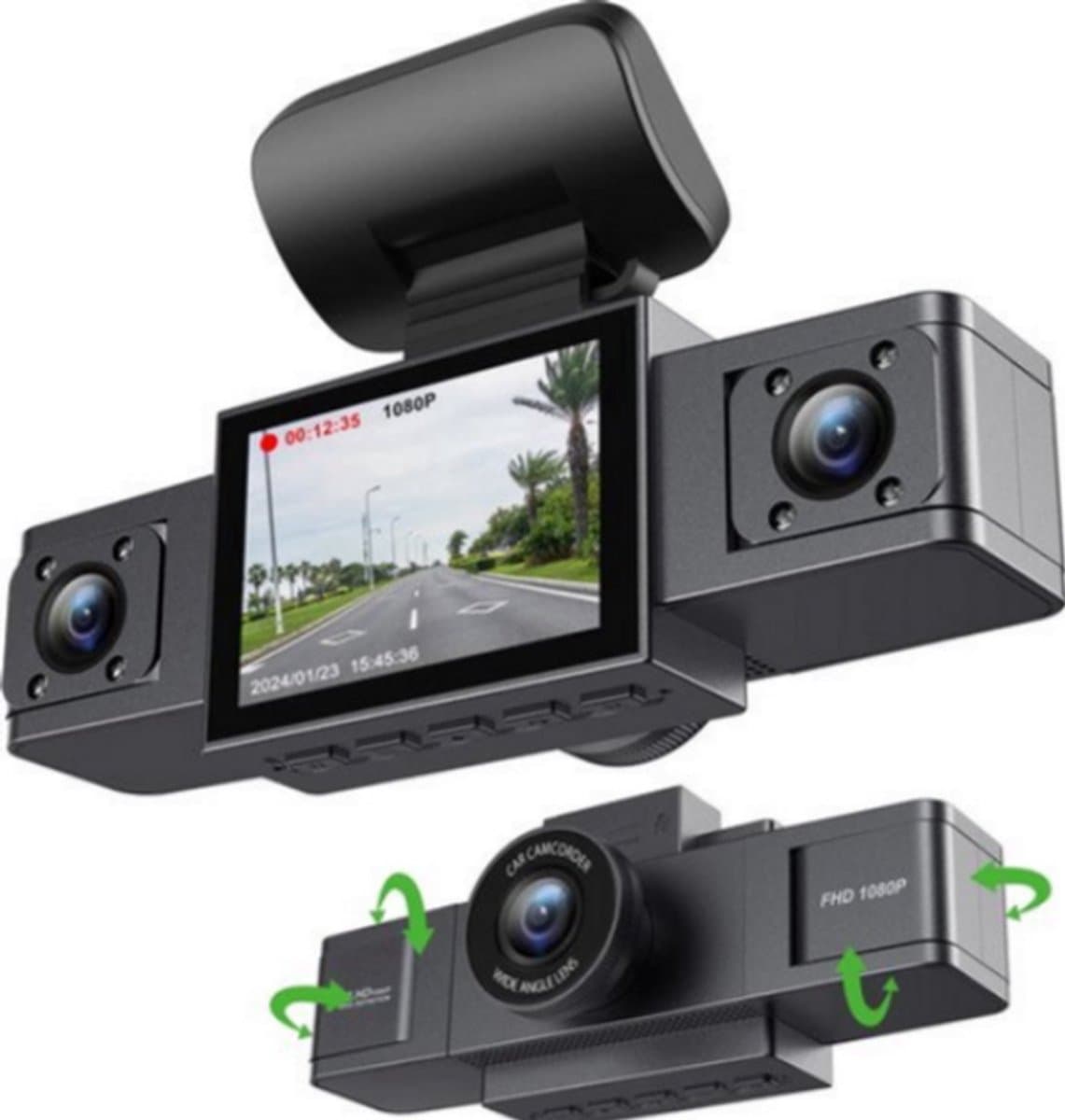 Geavanceerde 3-Lens Dashcam voor Auto | 24U Parkeermonitor, Achteruitrijfunctie & 64GB SD Kaart | Ultieme Beveiliging met Videorecorder - Zwart