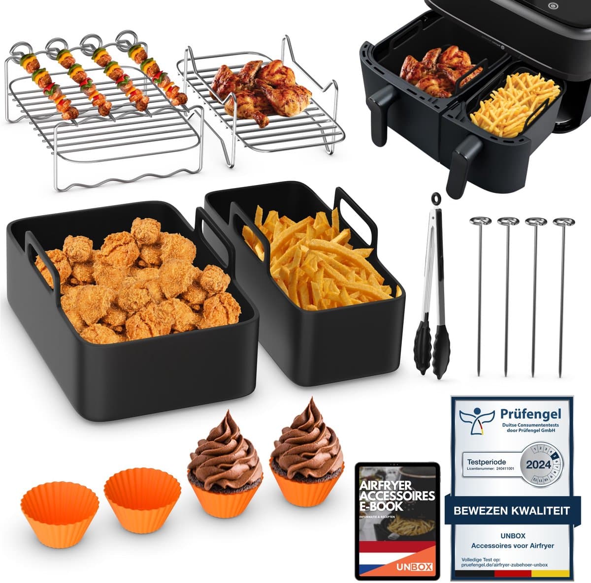 UNBOX Airfryer Accessoires - Geschikt voor Philips Dual Basket 3000 - Tefal Dual Easy Fry - Inclusief Airfryer Siliconen Bakje & e-Receptenboek