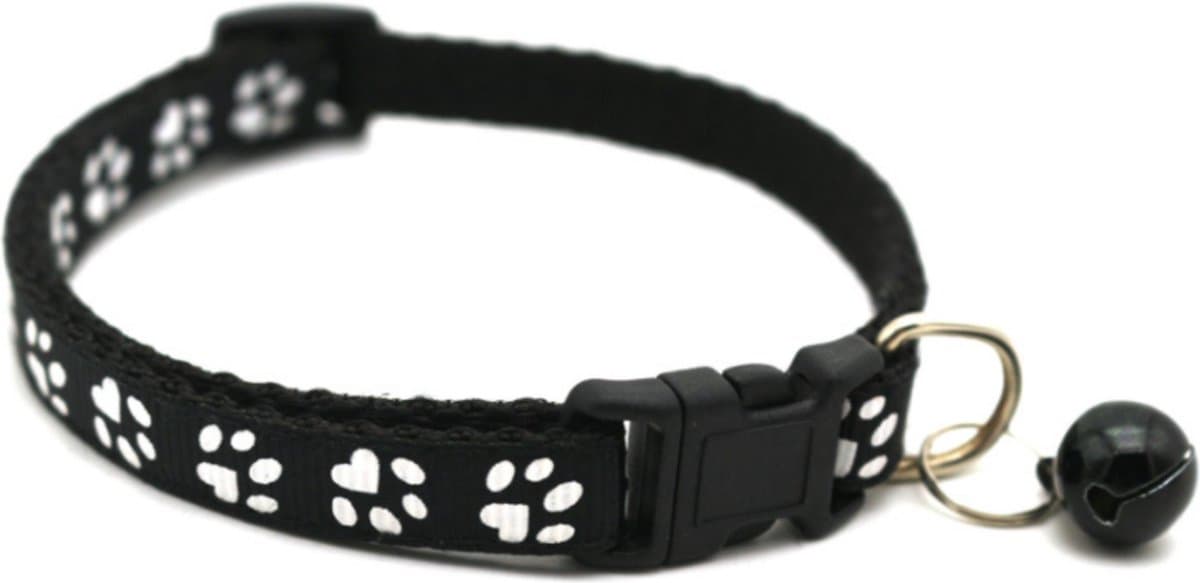 Premium Dierenhalsband met Pootjesprint en Belletje Zwart | 19-33cm Verstelbaar | Geschikt voor Hond Kat Puppy en Kitten | Halsband | Halsbandje | Hondenhalsband | Hondenhalsbanden | Kattenhalsband | Kattenbandje met Belletje | Bel