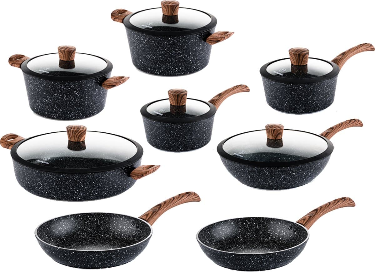 Westinghouse 8-delige Pannenset – Braadpannen + Koekenpannen + Steelpannen + Hapjespan + Wokpan – Inductie – Black Marble Wood