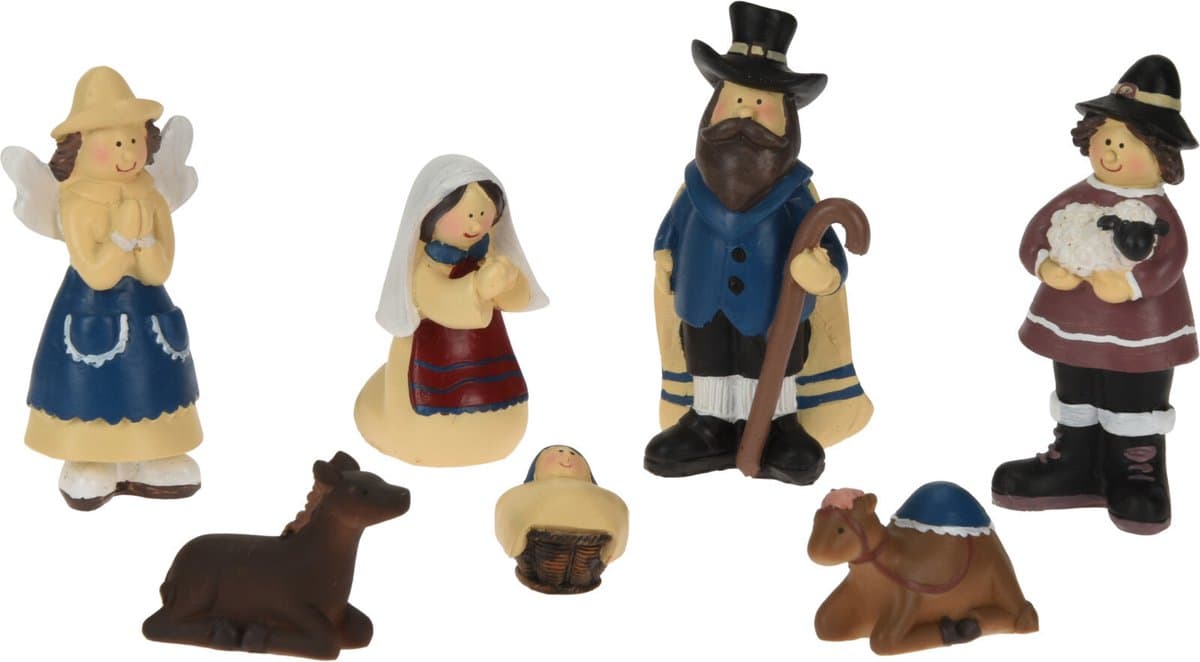 Kerststal figuren - 7-delig - polystone - ca. 9 cm - kinder kerststal beelden/kerstbeeldjes