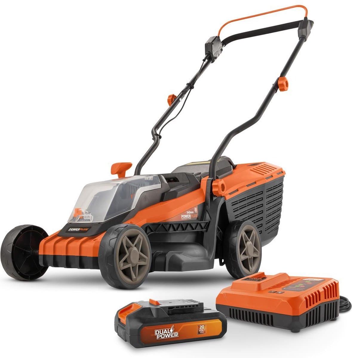 Dual Power Accu-grasmaaier POWDPGLWS1 - 20 V, 340 mm Ø grasmaaier, met accu en lader, met 30 L grasopvangbak en achteruitworp