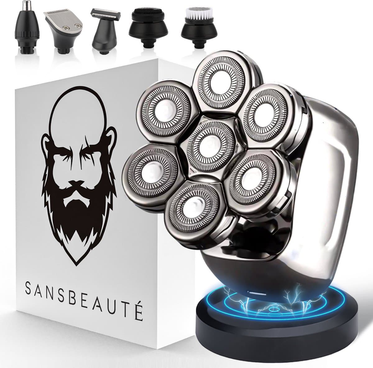 6-in-1 Scheerapparaat Mannen - Trimmer - Tondeuse - Sansbeauté® Skull Sharp PRO - Electric Face & Head Shaver - Hoofd Kaal Scheren – Nat & Droog - Draadloos Opladen - Elektrisch