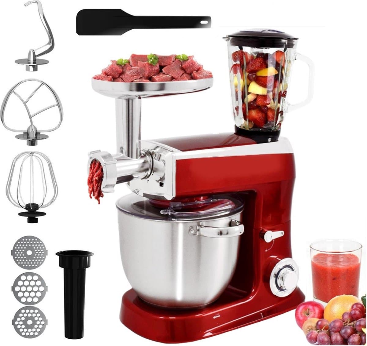 Royalty Line Keukenmachine - Keukenrobot - 2100W - Foodprocessor met 7 Snelheidsstanden + LED, incl. Garde / Kneedhaak / Mengarm en Blender, Met Spatscherm & RVS Mengkom Van 7.5 Liter - Rood