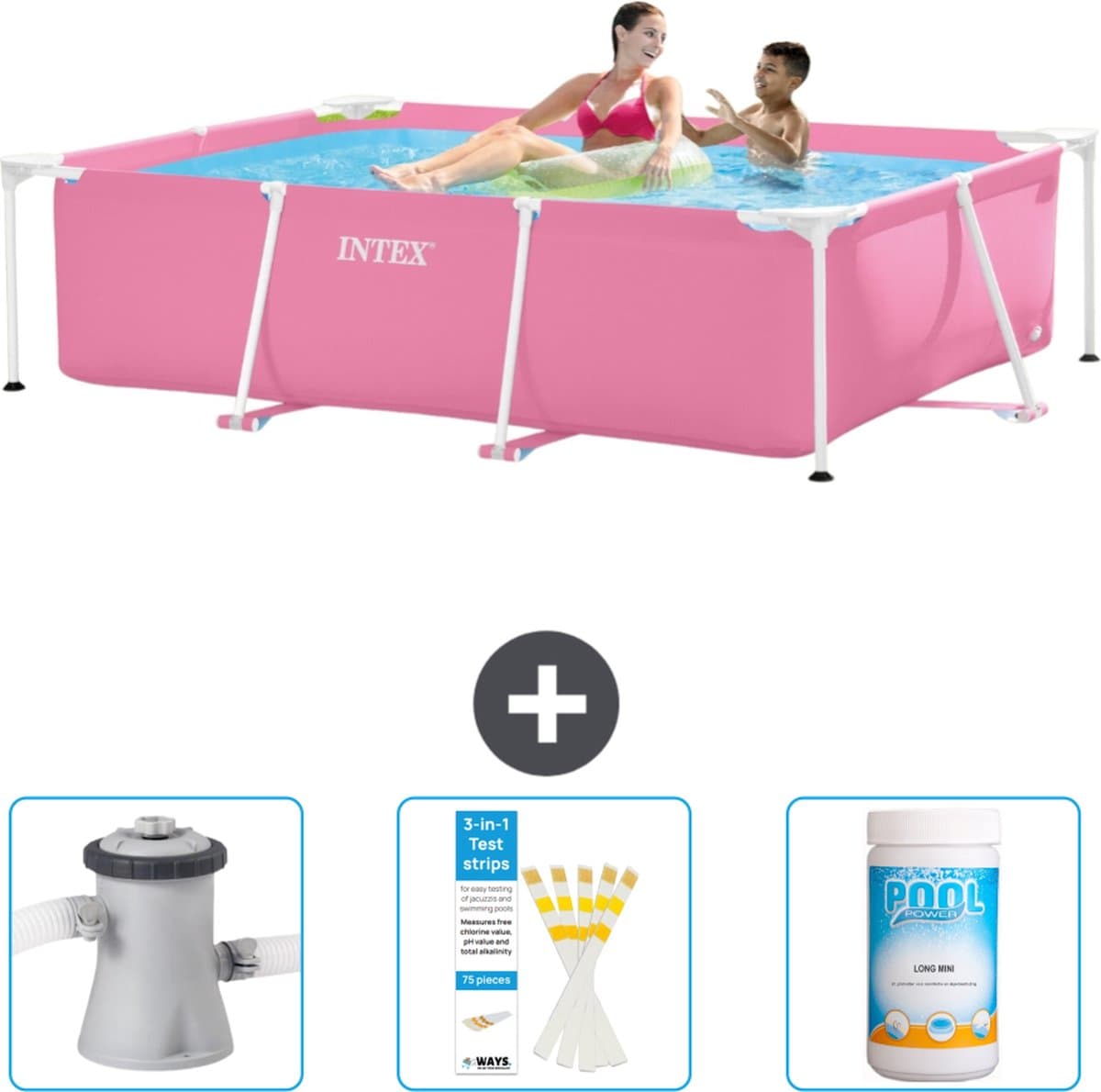 Intex Rechthoekig Frame Zwembad - 220 x 150 x 60 cm - Roze - Inclusief Zwembadfilterpomp - Testrips - Chloor