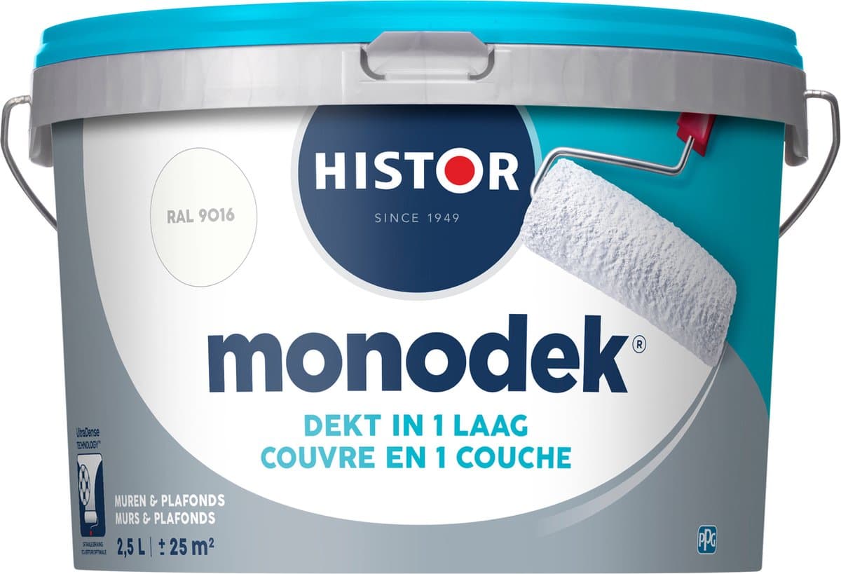 Histor Monodek – Muurverf Binnen Mat – Dekt in 1 Laag – Afwasbaar – Geurarm en Oplosmiddelvrij – Met Ultra Dense Technology voor Extra Dekkracht – Voor Binnen – RAL 9016 – 2,5L