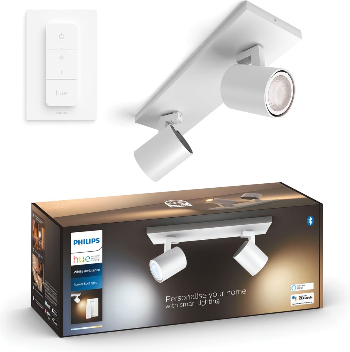 Philips Hue Runner opbouwspot - warm tot koelwit licht - 2-spots - wit - 1 dimmer switch