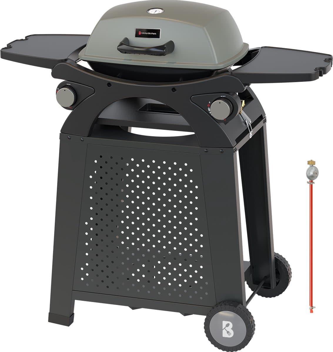 KitchenBrothers Gas BBQ - Staand en Tafelmodel Barbecue - 2 Branders - PFAS Vrij - Tafelbarbecue - Anti-aanbaklaag - 37x48 cm Grilloppervlak - Zwart