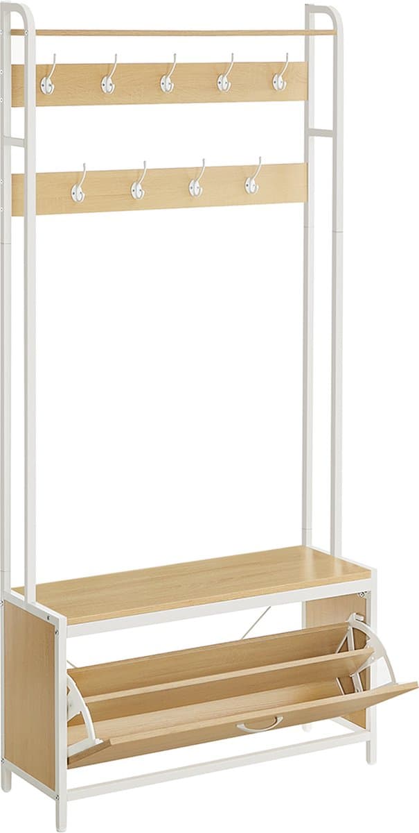 Porto kapstok met schoenenkast - kapstok met bank - kledingrek - schoenenrek - 9 haken - eikenwit - 30 x 85 x 180 cm