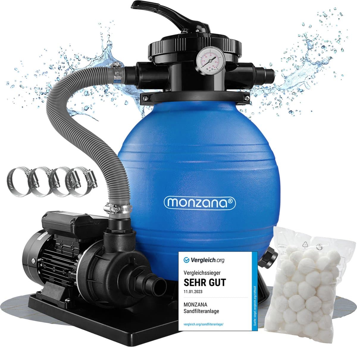 Monzana Zandfiltersysteem 10.200 l/h - 7 Wegklep Ø32-38mm Blauw