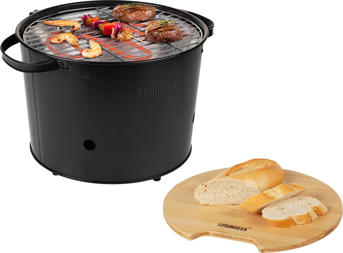 Houtskool BBQ - Princess 112240 Hybride Bucket Barbecue - Elektrische BBQ - Met en zonder houtskool te gebruiken - Park Barbecue - 1400W - Diameter 32cm - met serveerplank - bbq accesoires