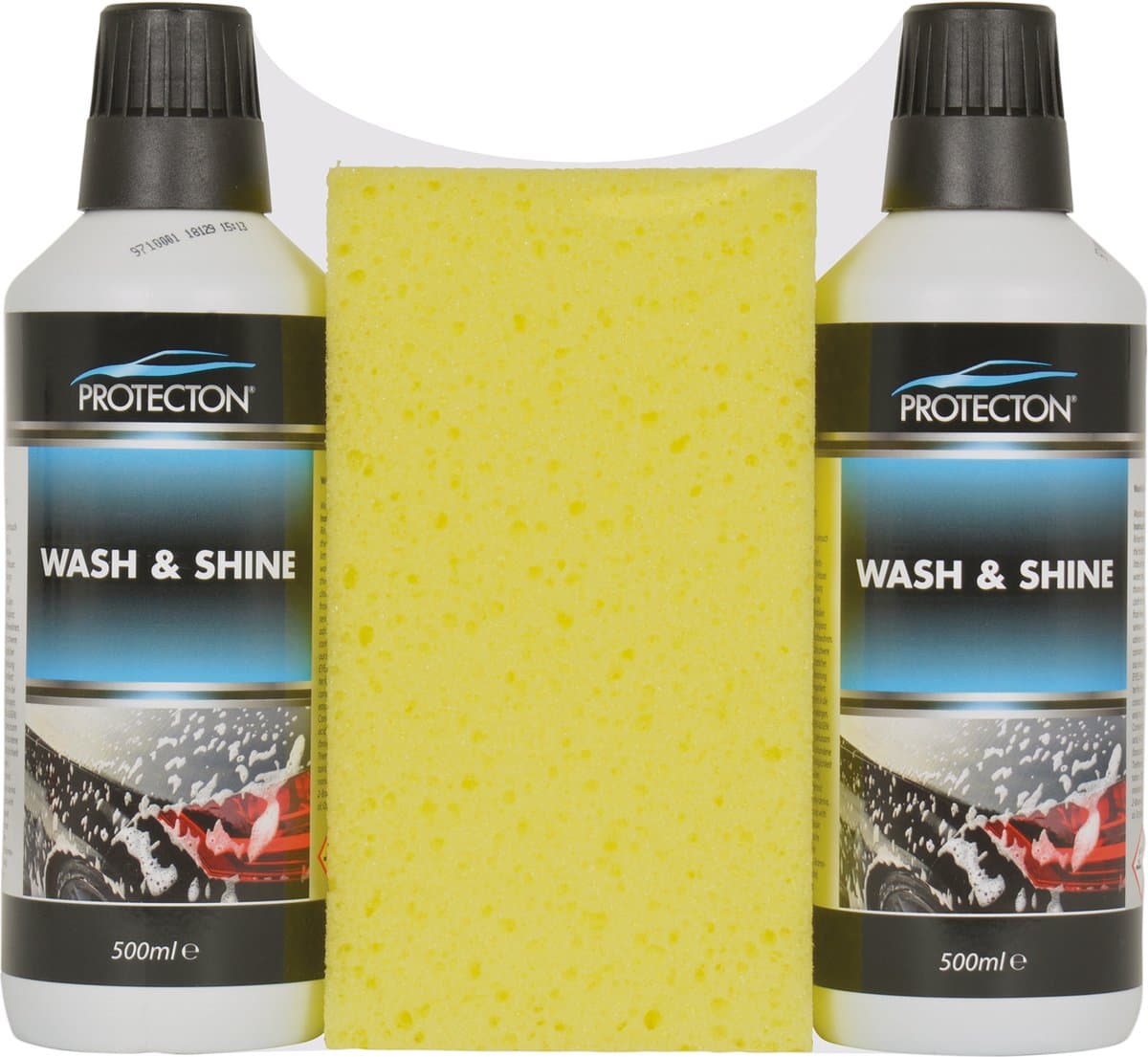Protecton Wash & Shine Set - Reinigt grondig, snel en veilig - Verwijdert vuil, vet & aanslag - Herstelt de glans - Voor alle soorten lak - Laat beschermende waslaag achter - Met spons - 2x 500ml