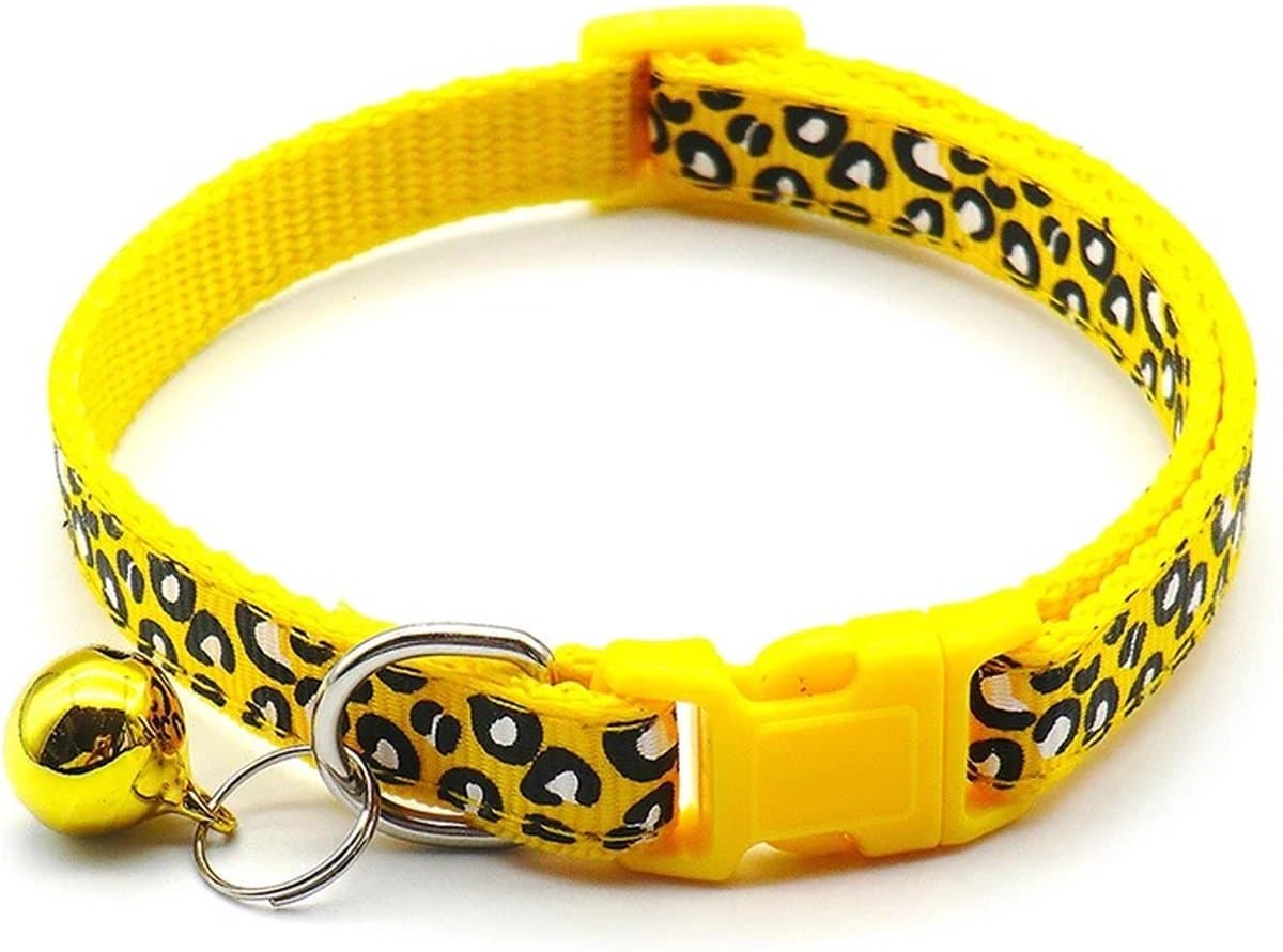 Premium Dierenhalsband met Leopard en Belletje Geel | 19-33cm Verstelbaar | Geschikt voor Hond Kat Puppy en Kitten | Halsband | Halsbandje | Hondenhalsband | Hondenhalsbanden | Kattenhalsband | Kattenbandje met Belletje | Bel